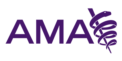 The image displays a logo with the text 'AMERICAN MEDICAL ASSOCIATION' prominently featured, accompanied by a stylized graphic element that resembles a globe with a ribbon wrapped around it.